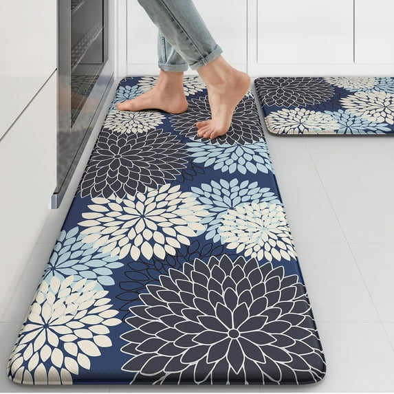 Anti Fatigue Kitchen Mats 2PCS,Boho Dahlia Rugs Non Slip Rubber Backing,Farmhouse Waterproof Mat for Floor,Cushioned Standing Kitchen,Sink,Desk,Mutil-Blue