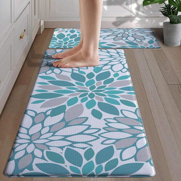 Anti Fatigue Kitchen Mats, Cushioned Boho Farmhouse Kitchen Rugs Set of 2 - Teal Bohemian Kitchen Decor - Non Slip PVC Comfort Runners for Kitchen Floor,Office 17.3"x29"+17.3"x47"