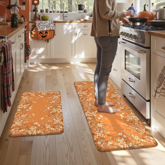 Anti Fatigue Kitchen Mats Cushioned, Boho Floral Kitchen Rugs Sets of 2, Fall Kitchen Mat for Floor, Memory Foam Standing Desk Mat for Laundry Office Sink Desk Orange Halloween 17"x47"+17"x29"