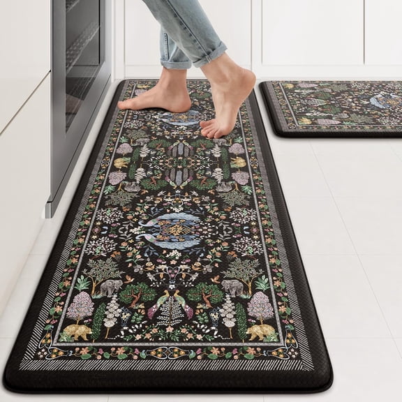 KIMODE Anti Fatigue Kitchen Mats for Floor 2 Piece, Black Vibrant Floral Rugs 17"x47"+17"x29", Non Slip Waterproof Mats, Standing Mat Laundry Office Sink Desk