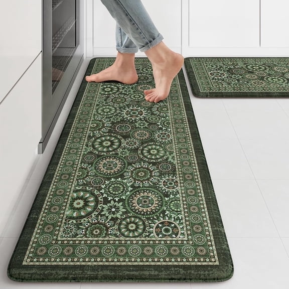 Anti Fatigue Kitchen Mats for Floor 2 Piece Cushioned Boho Kitchen Rugs Memory Foam Kitchen Floor Mats Standing Desk Mats for Laundry Office Sink Green 17"x47"+17"x29"