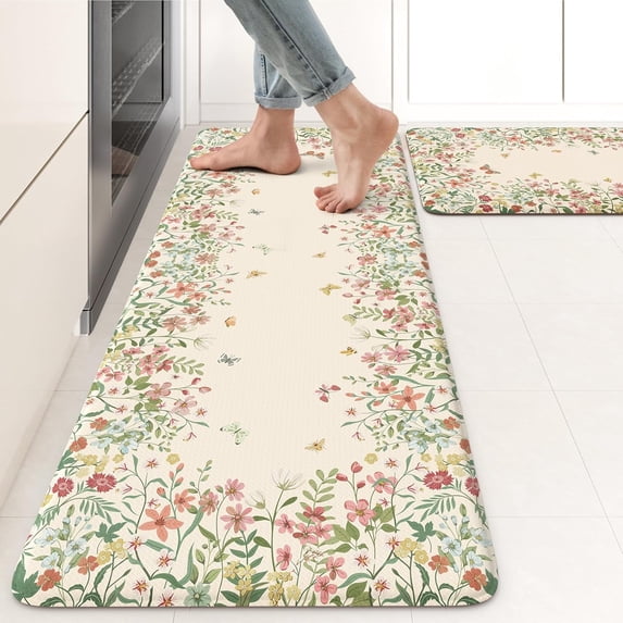Anti Fatigue Kitchen Mats for Floor 2 Piece, Cushioned Floral Kitchen Rugs, Memory Foam Kitchen Floor Mats, Summer Standing Desk Mats for Laundry Office Sink Beige 17"x47"+17"x29"