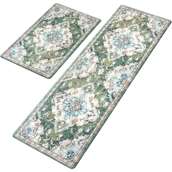 Anti Fatigue Kitchen Mats for Floor 2 Piece Set Green Cushioned Kitchen Rugs Non-Skid Waterproof Boho Comfort Floor Mat Runner for Standing Office Laundry(17x29+17x47Inch)