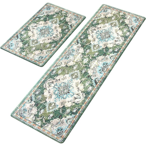 Anti Fatigue Kitchen Mats for Floor 2 Piece Set Green Cushioned Kitchen Rugs Non-Skid Waterproof Boho Comfort Floor Mat Runner for Standing Office Laundry(17x29+17x47Inch)