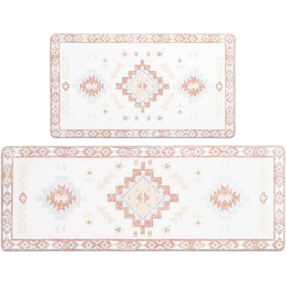 Anti Fatigue Kitchen Mats for Floor 2 Piece Set, Waterproof & Non-Skid Boho Kitchen Rugs, Cushioned Kitchen Mat for Standing Washable Comfort Desk Kitchen Runners, 17x30+17x47