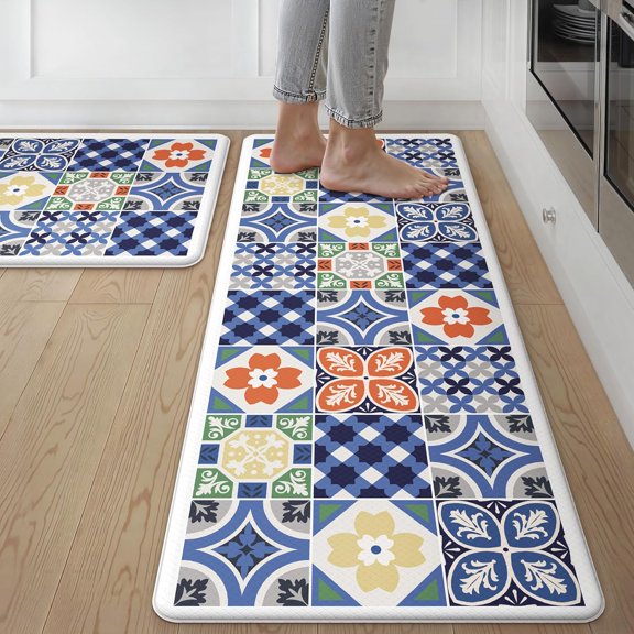 Anti Fatigue Kitchen Mats for Floor, Cushioned Non Slip Kitchen Rug, Waterproof Kitchen Floor Mat Runner, Kitchen Mat for Laundry, Sink, Office, Entryway, 17.3"x47"+17.3"x30", Blue