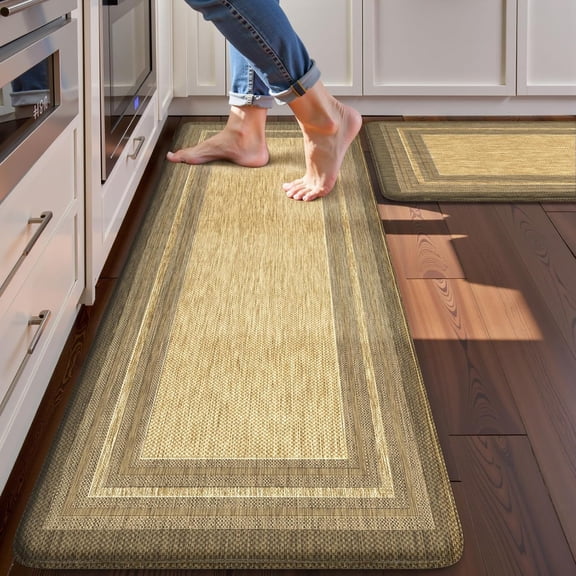Anti Fatigue Kitchen Mats for Floor, Farmhouse Kitchen Rugs Sets of 2, Cushioned Kitchen Floor Mats, Comfort Standing Mat for Sink Laundry Office Desk Brown/Khaki 17"x47"+17"x29"