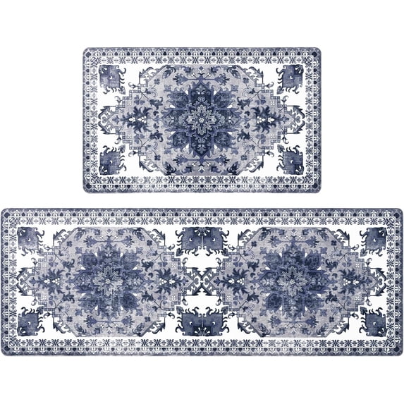 Anti Fatigue Kitchen Mats for Floor, Farmhouse Kitchen Rugs Sets of 2, Waterproof Kitchen Floor Mat Cushioned Rugs Non Slip for Sink Desk Laundry Office, Blue