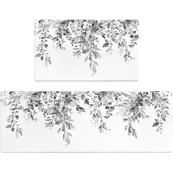 Anti Fatigue Kitchen Mats for Floor Set of 2, Black Boho Floral Kitchen Floor Mat, Non Slip Cushioned Kitchen Rugs Waterproof Memory Foam Kitchen Mat Comfort Standing Mat for Desk Laundry