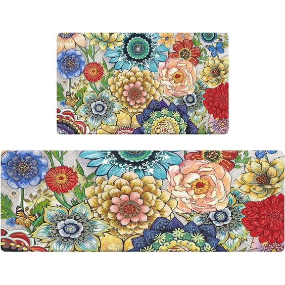 Anti Fatigue Kitchen Mats for Floor Set of 2, Black Boho Floral Kitchen Floor Mat, Non Slip Cushioned Kitchen Rugs Waterproof Memory Foam Kitchen Mat Comfort Standing Mat for Desk Laundry