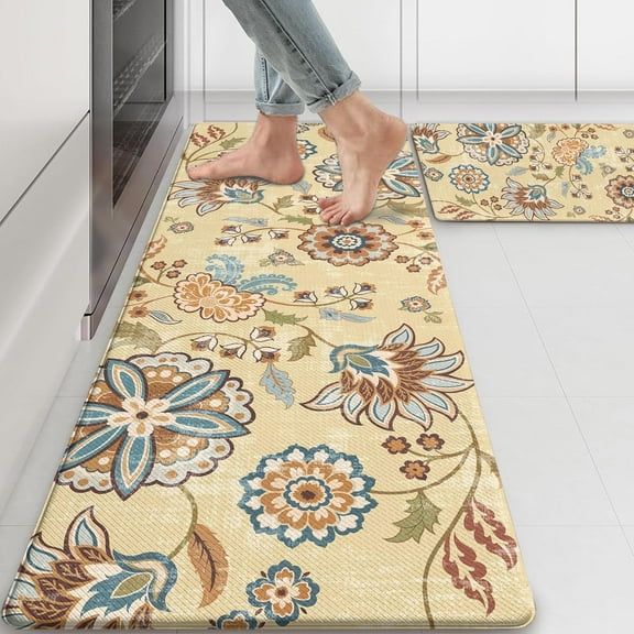 Anti Fatigue Kitchen Mats for Floor Set of 2, Black Boho Floral Kitchen Floor Mat, Non Slip Cushioned Kitchen Rugs Waterproof Memory Foam Kitchen Mat Comfort Standing Mat for Desk Laundry