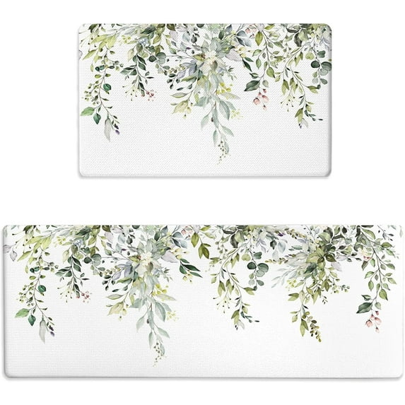 Anti Fatigue Kitchen Mats for Floor Set of 2 Green White Eucalyptus Plant Non Slip Cushioned Kitchen Rugs Waterproof Memory Foam Kitchen Floor Mat Comfort Standing Mat for Office Desk Laundry Bar
