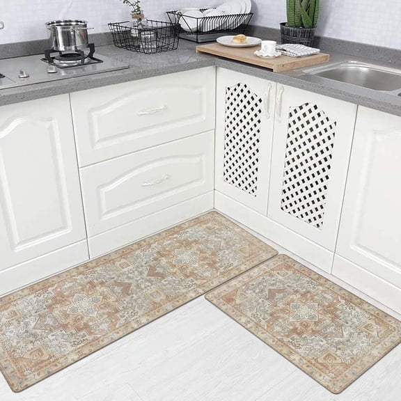 Anti Fatigue Kitchen Mats for Floor Set of 3 PVC Cushioned Kitchen Rug Sets 3 Piece Non Slip Waterproof Comfort Standing Mat for Home Office Kitchen Sink, Beige