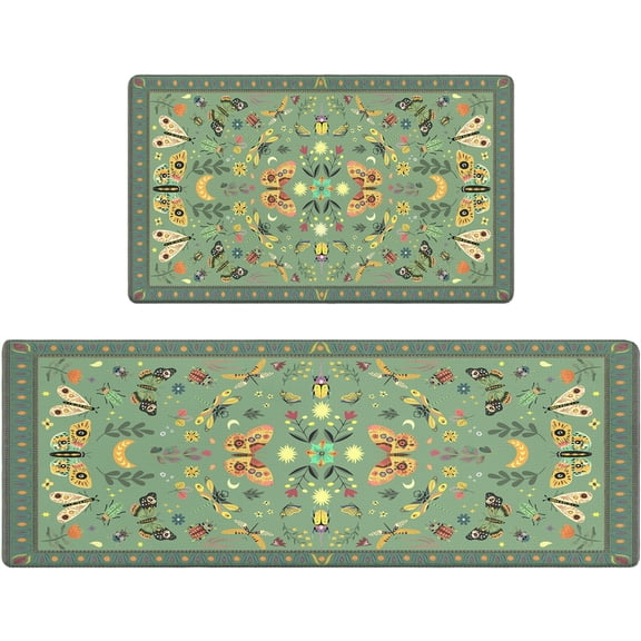 Anti Fatigue Kitchen Mats Set of 2 Boho Mystic Butterfly Non-Slip Cushioned Kitchen Rugs Waterproof Memory Foam Floor Mat - Enchanted Moth & Floral Design