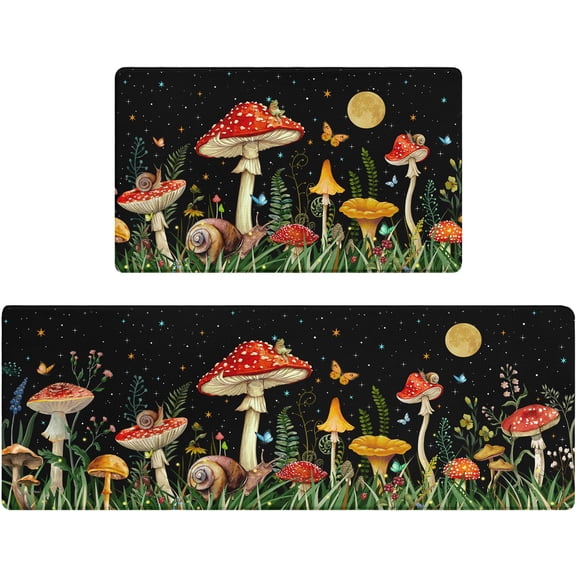 Anti Fatigue Kitchen Mats Set of 2 Enchanted Fly Agaric Mushroom Non-Slip Cushioned Kitchen Rugs Waterproof Memory Foam Floor Mat - Whimsical Nighttime Toadstool & Fairy Garden Design