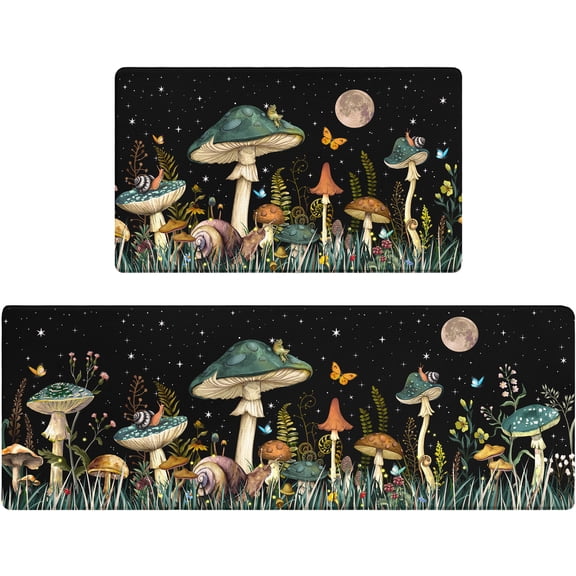 Anti Fatigue Kitchen Mats Set of 2 Enchanted Mushroom Forest Non-Slip Cushioned Kitchen Rugs Waterproof Memory Foam Floor Mat - Whimsical Night Garden & Toadstool Design