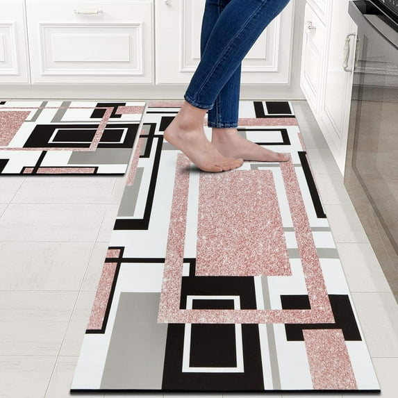 Anti Fatigue Kitchen Mats Set of 2, Non Slip Cushioned Kitchen Rug Sets, Washable Geometric Square Kitchen Runner Rugs for Home Office Laundry, 17'''' x 47'''' + 17'''' x 30'''' Abstract Art Patchwork