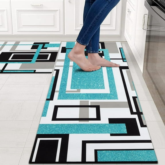 Anti Fatigue Kitchen Mats Set of 2, Non Slip Cushioned Kitchen Rug Sets, Washable Geometric Square Kitchen Runner Rugs for Home Office Laundry, 17'''' x 47'''' + 17'''' x 30'''' Abstract Art Patchwork