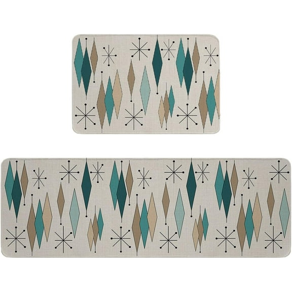 Anti-Fatigue Kitchen Mats Standing Rugs Set of 2 Abstract Geometric Mid Century Style Non-Slip Area Runner Floor Doormat Modern Rhombus on Linen Washable Cushioned Carpet for Bedroom Bathroom Decor