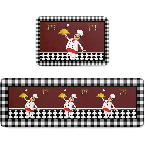 Anti-Fatigue Kitchen Mats Standing Rugs Set of 2 Fat Chef Gourmet Black Lattice on Burgundy Red Non-Slip Area Runner Floor Doormat Cartoon Cook Checker Washable Cushioned Carpet 18x30in+18x48in