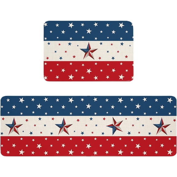 Anti-Fatigue Kitchen Mats Standing Rugs Set of 2,Independence Day USA Star Blue Red Non-Slip Area Runner Floor Doormat Patriotic American Flag Washable Cushioned Carpet for Bedroom Bathroom Decor