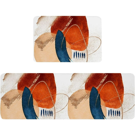 Anti-Fatigue Kitchen Mats Standing Rugs Set of 2 Mid Century Abstract Geometric Art Non-Slip Area Runner Floor Doormat Modern Morandi Navy Blue Orange Washable Cushioned Carpet for Bedroom Bathroom
