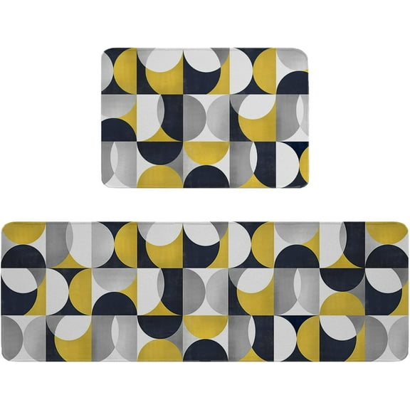 Anti-Fatigue Kitchen Mats Standing Rugs Set of 2 Mid Century Semicircle Plaid Geometric Non-Slip Area Runner Floor Doormat Modern Color Block Abstract Art Washable Cushioned Carpet for Bedroom