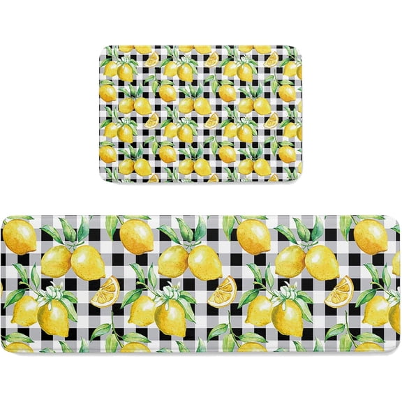 Anti-Fatigue Kitchen Mats Standing Rugs Set of 2 Summer Watercolor Lemon Leaves Non-Slip Area Runner Floor Doormat Buffalo Plaid Black White Check Washable Cushioned Carpet for Bedroom Bathroom Decor