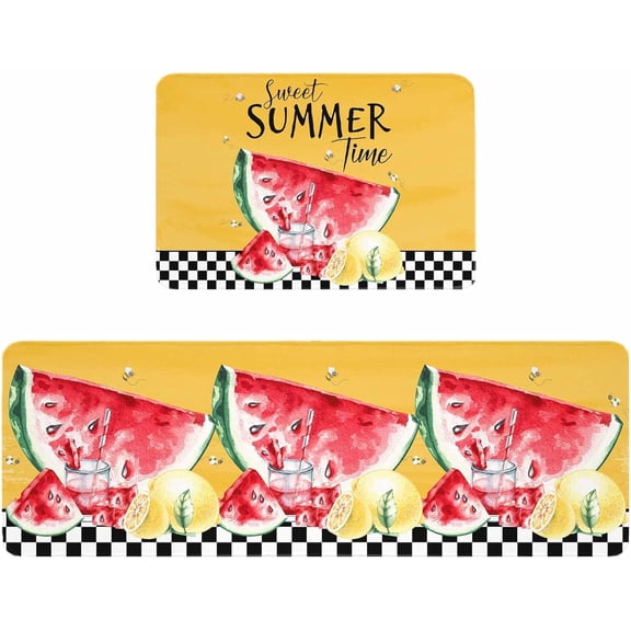 Anti-Fatigue Kitchen Mats Standing Rugs Set of 2,Summer Watermelon Lemon Farm Fruit Non-Slip Area Runner Floor Doormat Black White Plaid Washable Cushioned Carpet for Bedroom Bathroom Decor
