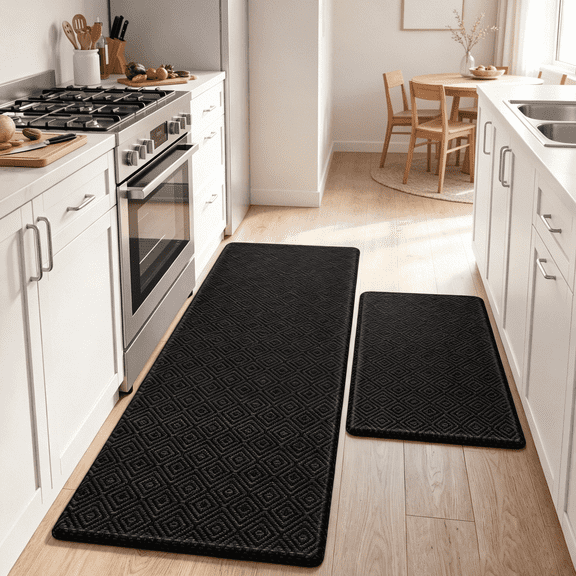 Kitchen mats for Floor, 2PCS Kitchen Rugs Non-Slip Water and Oil Absorbent Runner Rugs for Kitchen, Floor, Office, 17.3"x30" 17.3"x47", Black