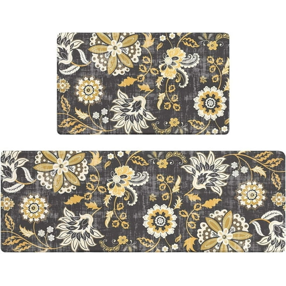 Anti Fatigue Kitchen Mats for Floor Set of 2 Boho Floral Non Slip Cushioned Kitchen Rugs Waterproof Memory Foam Kitchen Floor Mat