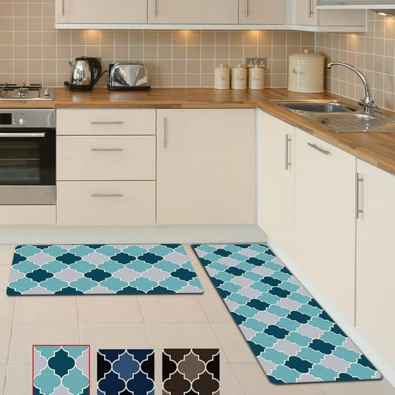 Anti Fatigue Kitchen Rug Mat Non Skid Cushioned Teal Blue Grey Waterproof Non Slip Leather Runner Standing Mat Trellis Quatrefoil 17" x 29" +17" x 47" Set of 2 (2 Pieces)