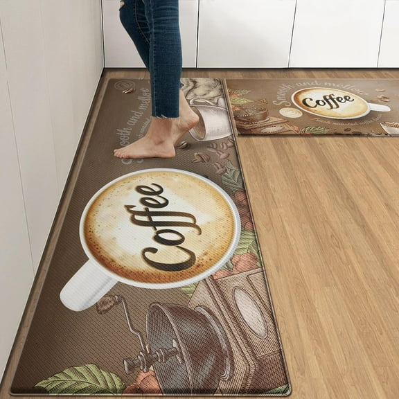 Anti-Fatigue Kitchen Rug Set of 2 Brown Coffee Latte Cushioned Kitchen Floor Mat, Standing Mat Waterproof Non-Slip Kitchen Mats and Rugs PVC Ergonomic Comfort Foam Rug for Kitchen