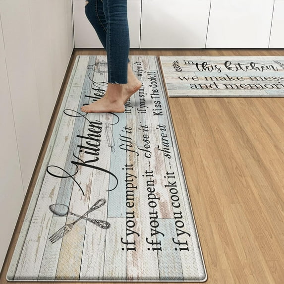 Anti-Fatigue Kitchen Rug Set of 2 Farmhouse Wooden Green Blue Cushioned Kitchen Floor Mat, Standing Mat Waterproof Non-Slip Kitchen Mats and Rugs PVC Ergonomic Comfort Foam Rug for Kitchen