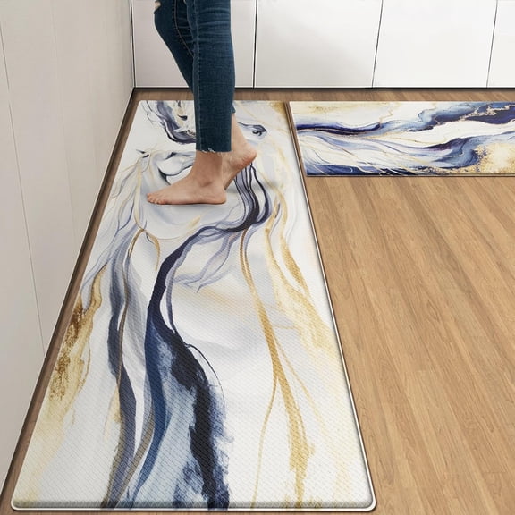 Anti-Fatigue Kitchen Rug Set of 2 Golden Flower Geometric Marble Cushioned Kitchen Floor Mat, Standing Mat Waterproof Non-Slip Kitchen Mats and Rugs PVC Ergonomic Comfort Foam Rug for Kitchen