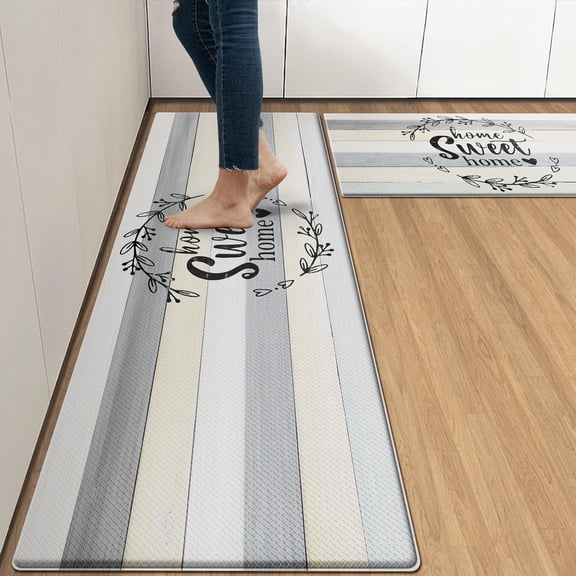 Anti-Fatigue Kitchen Rug Set of 2 Grey Wooden Leaves Modern Cushioned Kitchen Floor Mat, Standing Mat Waterproof Non-Slip Kitchen Mats and Rugs PVC Ergonomic Comfort Foam Rug for Kitchen