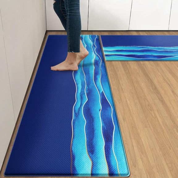 Anti-Fatigue Kitchen Rug Set of 2 Navy Blue Golden Sea Ocean Cushioned Kitchen Floor Mat, Standing Mat Waterproof Non-Slip Kitchen Mats and Rugs PVC Ergonomic Comfort Foam Rug for Kitchen