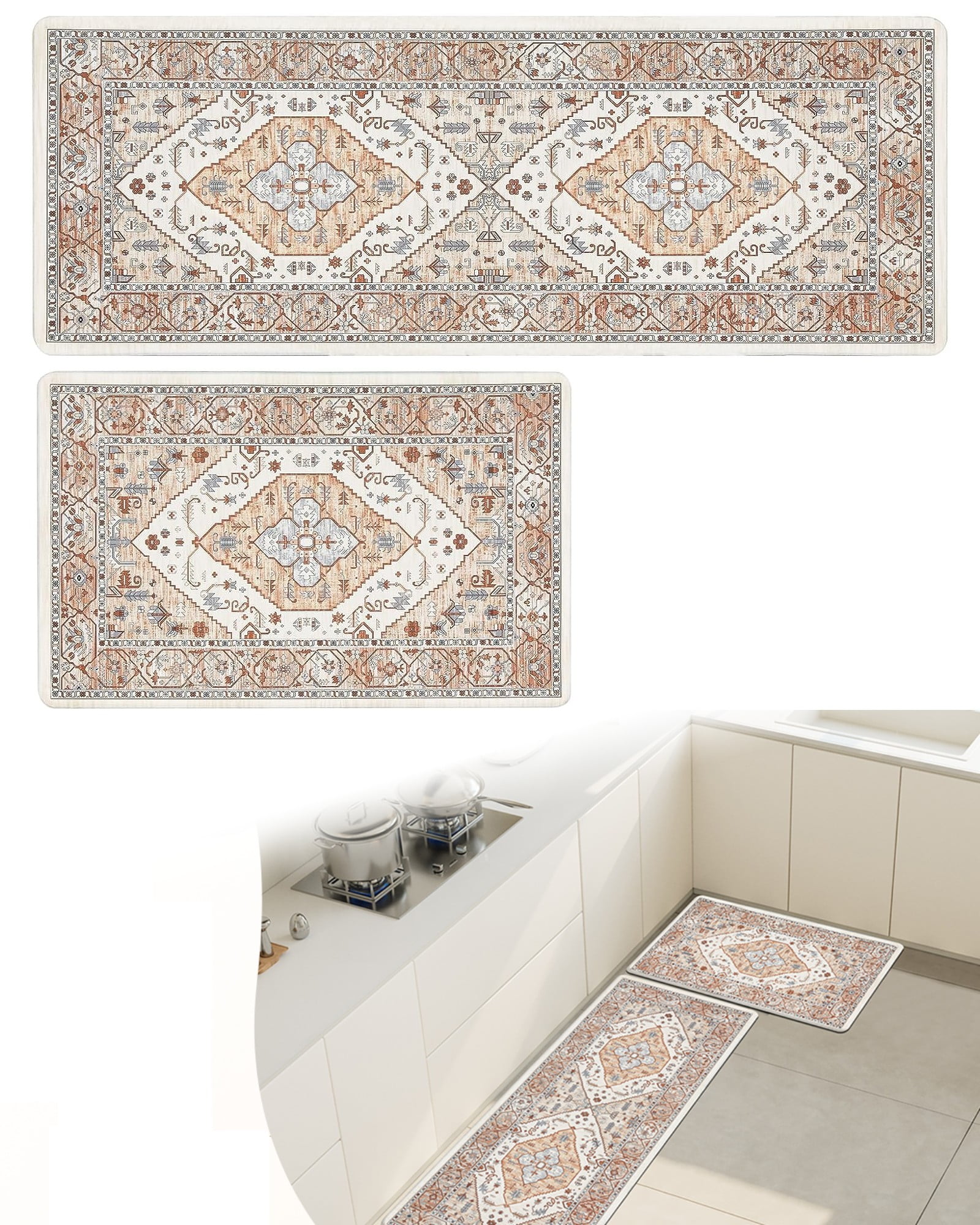 Anti Fatigue Kitchen Rug Set 2 Piece, Yamaziot Boho Memory Foam Kitchen Mat for Floor, Cushioned