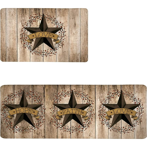 Anti-Fatigue Kitchen Rug Set of 2 Western Texas Star and Primitive Berries on Country Wooden Plank Kitchen Mat Thickened Non-Slip Soft Floor Rug Doormat Runner Carpet,17.3x28+17.3x47 Inch