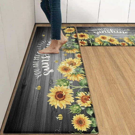 Anti-Fatigue Kitchen Rug Set of 2 Yellow Sunflower Black Wood Cushioned Kitchen Floor Mat, Standing Mat Waterproof Non-Slip Kitchen Mats and Rugs PVC Ergonomic Comfort Foam Rug for Kitchen