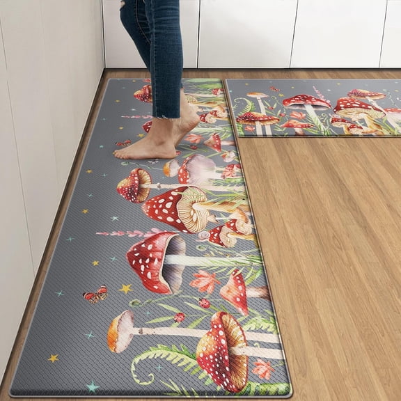 Anti-Fatigue Kitchen Rug Set of 3 Grey Mushroom Floral Red Cushioned Kitchen Floor Mat, Standing Mat Waterproof Non-Slip Kitchen Mats and Rugs PVC Ergonomic Comfort Foam Rug for Kitchen