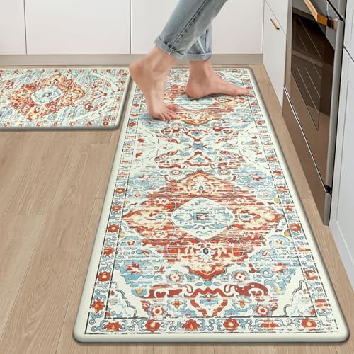 Anti Fatigue Kitchen Rugs Sets of 2 Cushioned Kitchen Mats for Floor Waterproof Kitchen Mat Set Non Slip Comfort Standing Mat for Kitchen, Office, Sink, Laundry