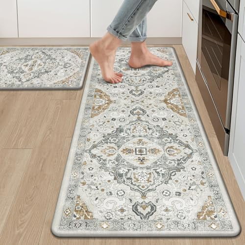 Anti Fatigue Kitchen Rugs Sets of 2 Cushioned Kitchen Mats for Floor Waterproof Kitchen Mat Set Non Slip Comfort Standing Mat for Kitchen, Office, Sink, Laundry