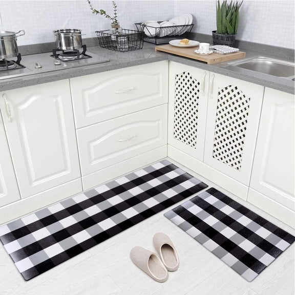 Anti-Fatigue Kitchen Standing Desk Rug Waterproof Low Pile Decor Floor Pad Kitchen 2 Pieces Mat, Buffalo Check Plaid 18"x47"+18"x30"