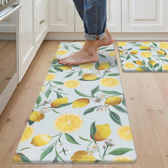Anti Fatigue Lemon Kitchen Rugs Mats Set of 2 Pieces Non Slip Soft Cushioned Standing Mat and Runner Wipeable Waterproof Floor Mat, 17.3"x29"+17.3"x47", Light Blue