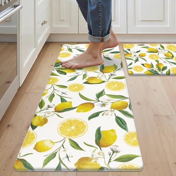Anti Fatigue Lemon Kitchen Rugs Mats Set of 2 Pieces Non Slip Soft Cushioned Wipeable Kitchen Mats for Floor Standing Mats, 17.3"x29"+17.3"x47", White