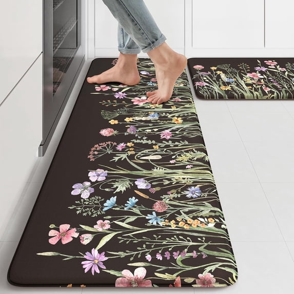 Anti Fatigue Mats for Kitchen Floor 17"x47"+17"x29", Farmhouse Floral Kitchen Rugs Sets of 2, Cushioned Kitchen Floor Mats, Non Slip Standing Mat for Sink, Laundry, Office, Desk Black