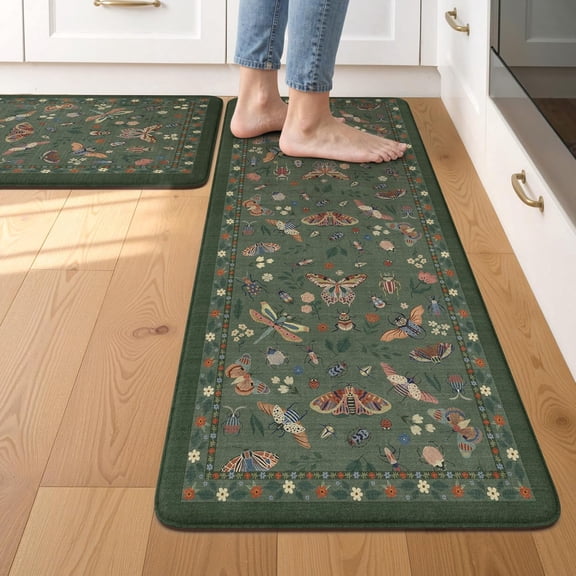 LEEVAN Anti Fatigue Mats for Kitchen Floor Non-Slip, Cushioned 2 Piece, Green Memory Foam Mat Set, Waterproof Ergonomic Standing Bar, Office,Desk, Laundry
