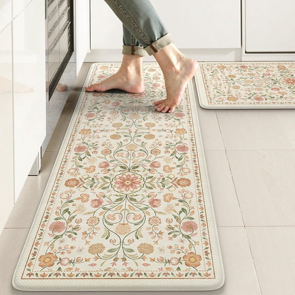 KIMODE Anti Fatigue Mats for Kitchen Floor Non Slip,Farmhouse Boho Floral Standing Rugs Sets of 2,Comfort Cushioned Padded Ergonomic Carpet Laundry Sink Office,Beige