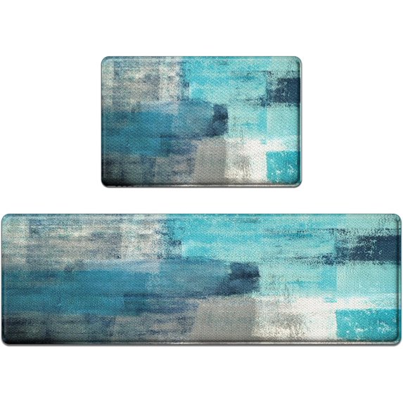 Anti-Fatigue Turquoise Kitchen Rug Set of 2 Cushioned Abstract Teal Rugs for Kitchen Floor, Standing Mat Waterproof Non-Slip Kitchen Mats and Rugs PVC Ergonomic Comfort Foam Kitchen Decor